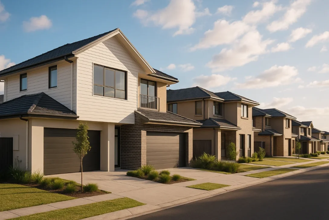 Australian house under construction with exposed timber framing, beige brick walls, and a tiled roof, symbolising budget-friendly home building.