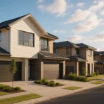 Australian house under construction with exposed timber framing, beige brick walls, and a tiled roof, symbolising budget-friendly home building.