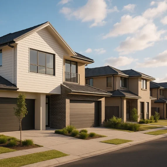 Australian house under construction with exposed timber framing, beige brick walls, and a tiled roof, symbolising budget-friendly home building.
