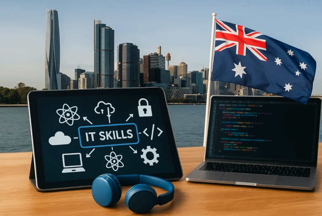 Collage showing laptop with code, tablet with IT skills icons, and Australian flag against Sydney skyline, symbolising the future of IT jobs in Australia.