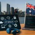 Collage showing laptop with code, tablet with IT skills icons, and Australian flag against Sydney skyline, symbolising the future of IT jobs in Australia.