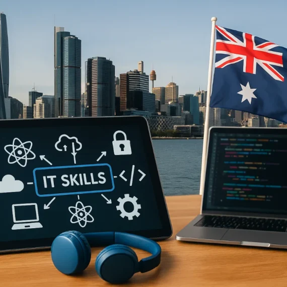Collage showing laptop with code, tablet with IT skills icons, and Australian flag against Sydney skyline, symbolising the future of IT jobs in Australia.