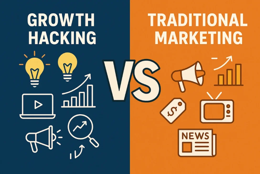 Illustration comparing growth hacking and traditional marketing with icons representing digital strategies on one side and print/TV advertising on the other.