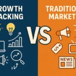 Illustration comparing growth hacking and traditional marketing with icons representing digital strategies on one side and print/TV advertising on the other.