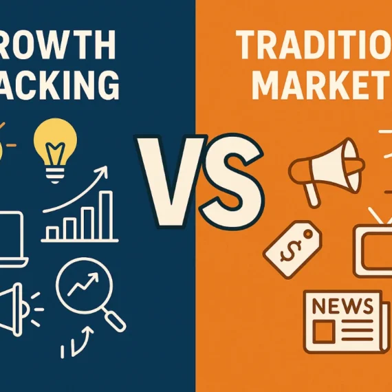 Illustration comparing growth hacking and traditional marketing with icons representing digital strategies on one side and print/TV advertising on the other.