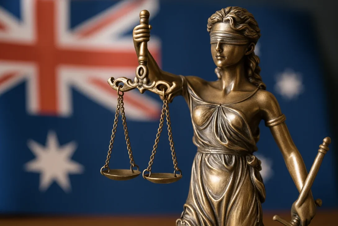 Bronze Lady Justice statue with scales, set against the Australian flag, symbolising fairness and access to justice in Australia.