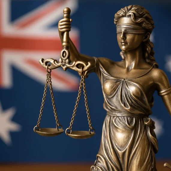 Bronze Lady Justice statue with scales, set against the Australian flag, symbolising fairness and access to justice in Australia.