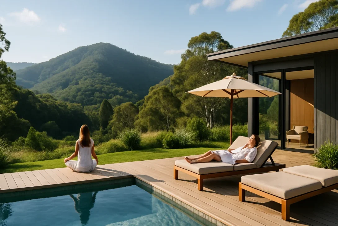 Peaceful Australian wellness retreat with infinity pool, yoga deck, and mountain views surrounded by lush greenery.