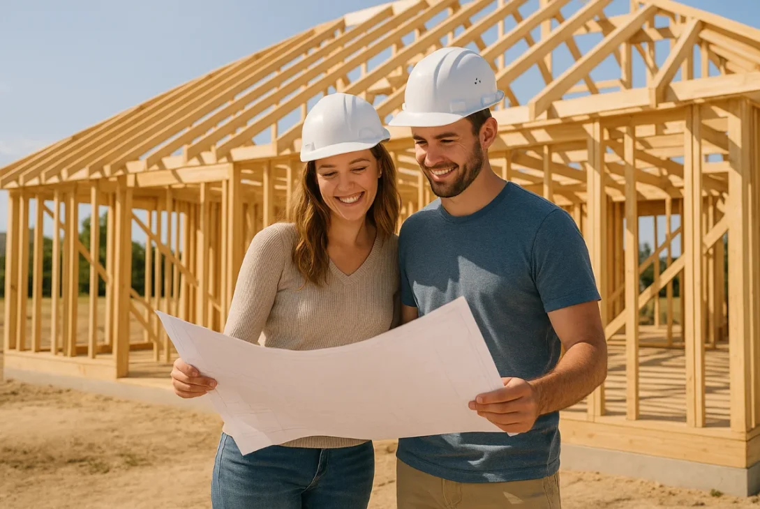 Australian couple reviewing blueprints on a new home construction site in 2025