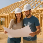Australian couple reviewing blueprints on a new home construction site in 2025