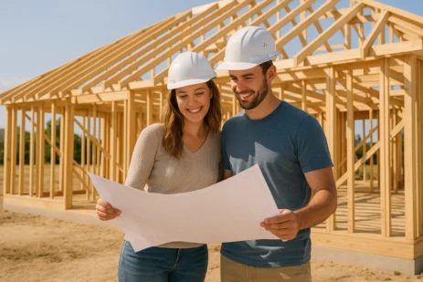 Australian couple reviewing blueprints on a new home construction site in 2025