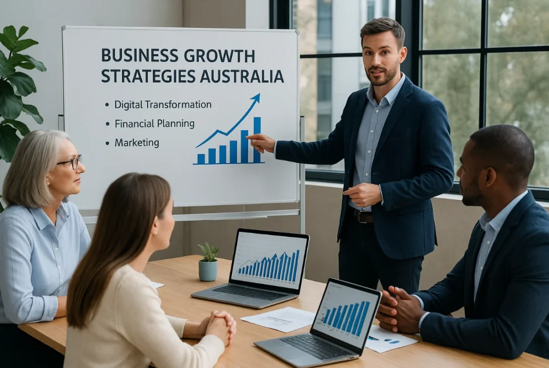 Australian business team reviewing growth strategies and charts in 2025 meeting room