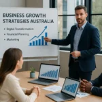 Australian business team reviewing growth strategies and charts in 2025 meeting room