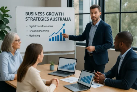 Australian business team reviewing growth strategies and charts in 2025 meeting room