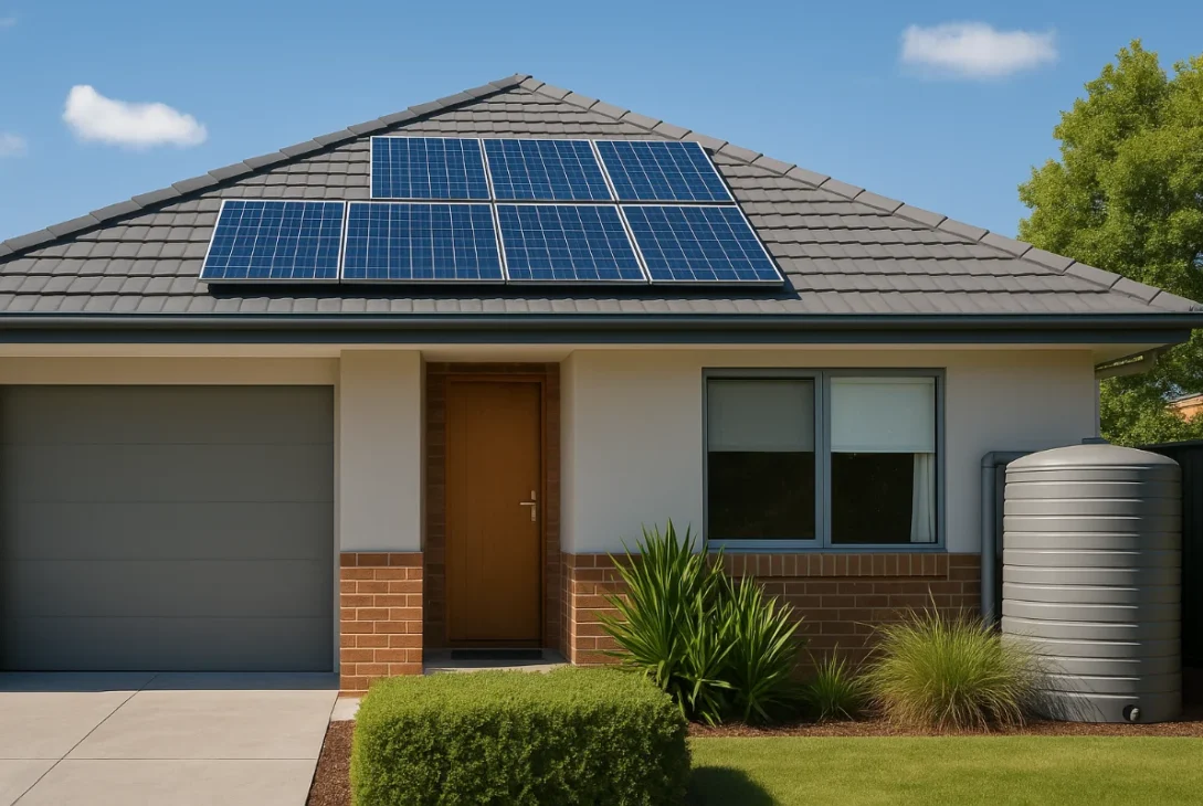 A modern Australian suburban home with rooftop solar panels, lush landscaping, and a rainwater tank, symbolising the link between green homes and property value.