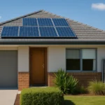 A modern Australian suburban home with rooftop solar panels, lush landscaping, and a rainwater tank, symbolising the link between green homes and property value.