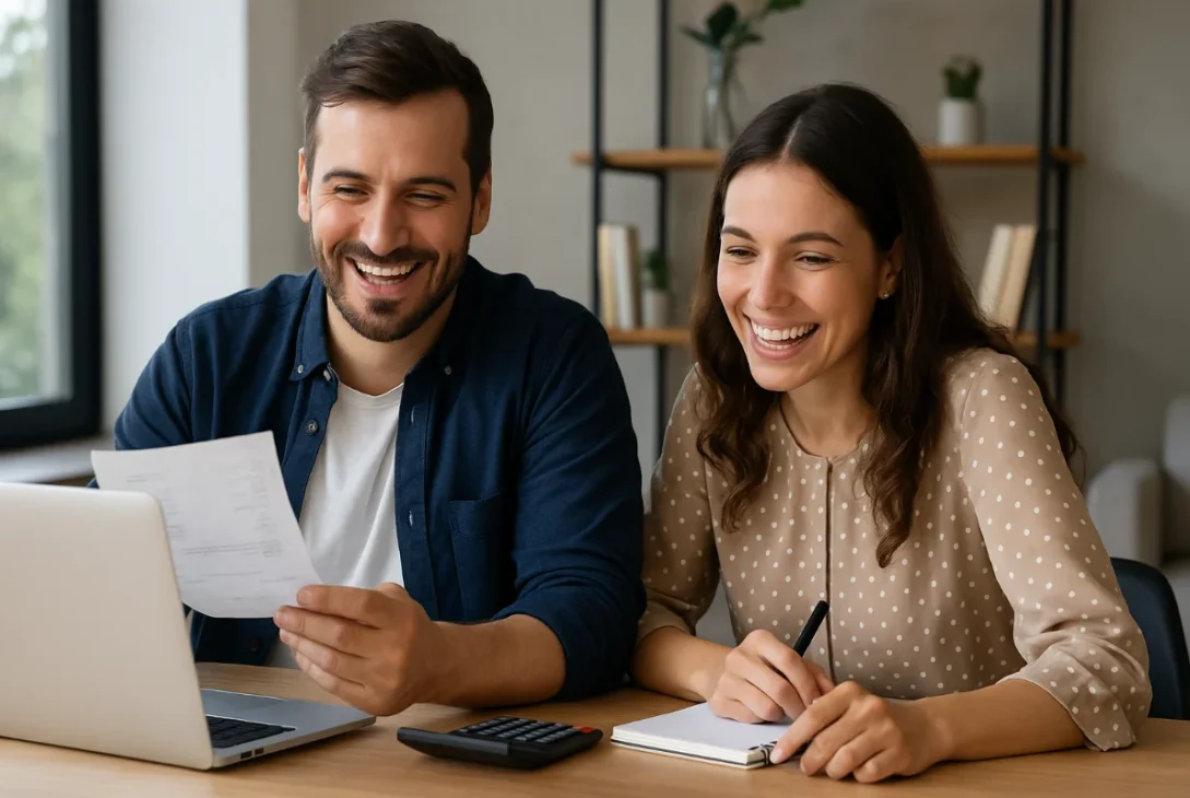 Smiling young Australian professionals sitting at a modern office desk, discussing financial growth strategies with a laptop and documents, showing positivity and teamwork.