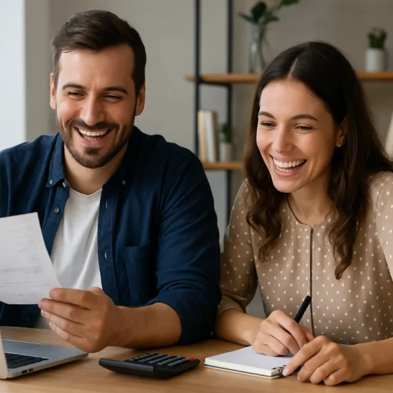 Smiling young Australian professionals sitting at a modern office desk, discussing financial growth strategies with a laptop and documents, showing positivity and teamwork.