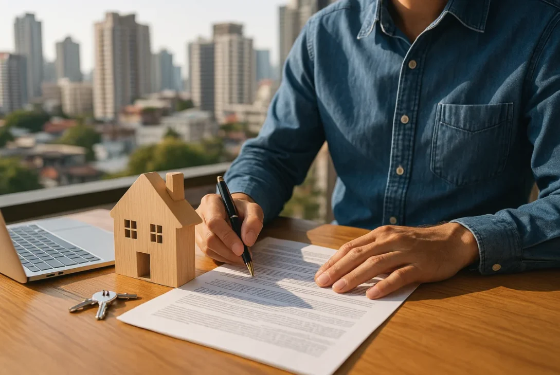 Person reviewing property investment documents beside a small wooden house model and laptop, with an Australian city skyline in the background, realistic daylight scene.
