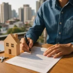 Person reviewing property investment documents beside a small wooden house model and laptop, with an Australian city skyline in the background, realistic daylight scene.
