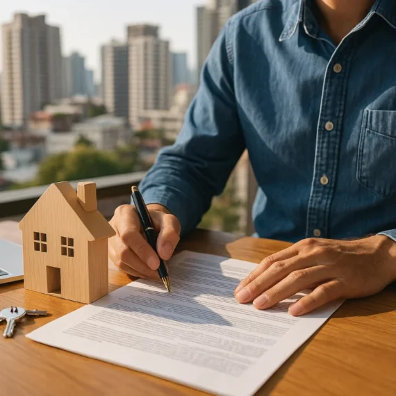 Person reviewing property investment documents beside a small wooden house model and laptop, with an Australian city skyline in the background, realistic daylight scene.