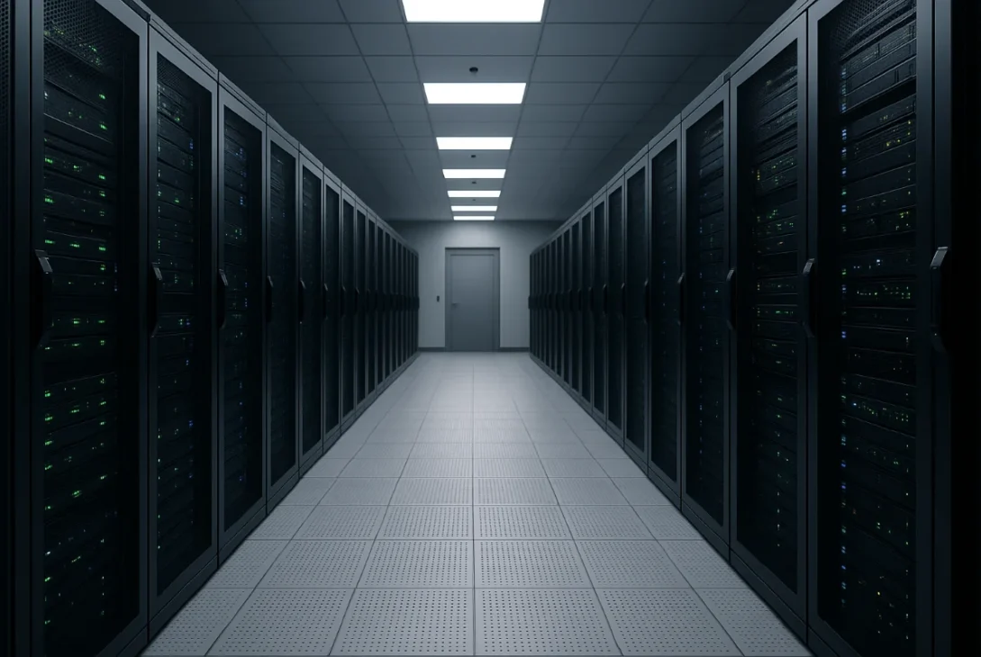 Realistic image of a modern Australian data centre with glowing server racks and LED indicators, symbolising secure, high-speed, and scalable IT infrastructure.