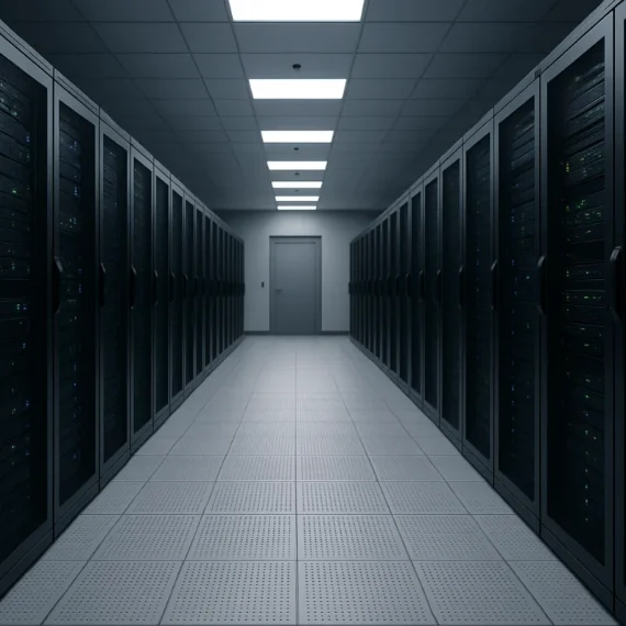 Realistic image of a modern Australian data centre with glowing server racks and LED indicators, symbolising secure, high-speed, and scalable IT infrastructure.