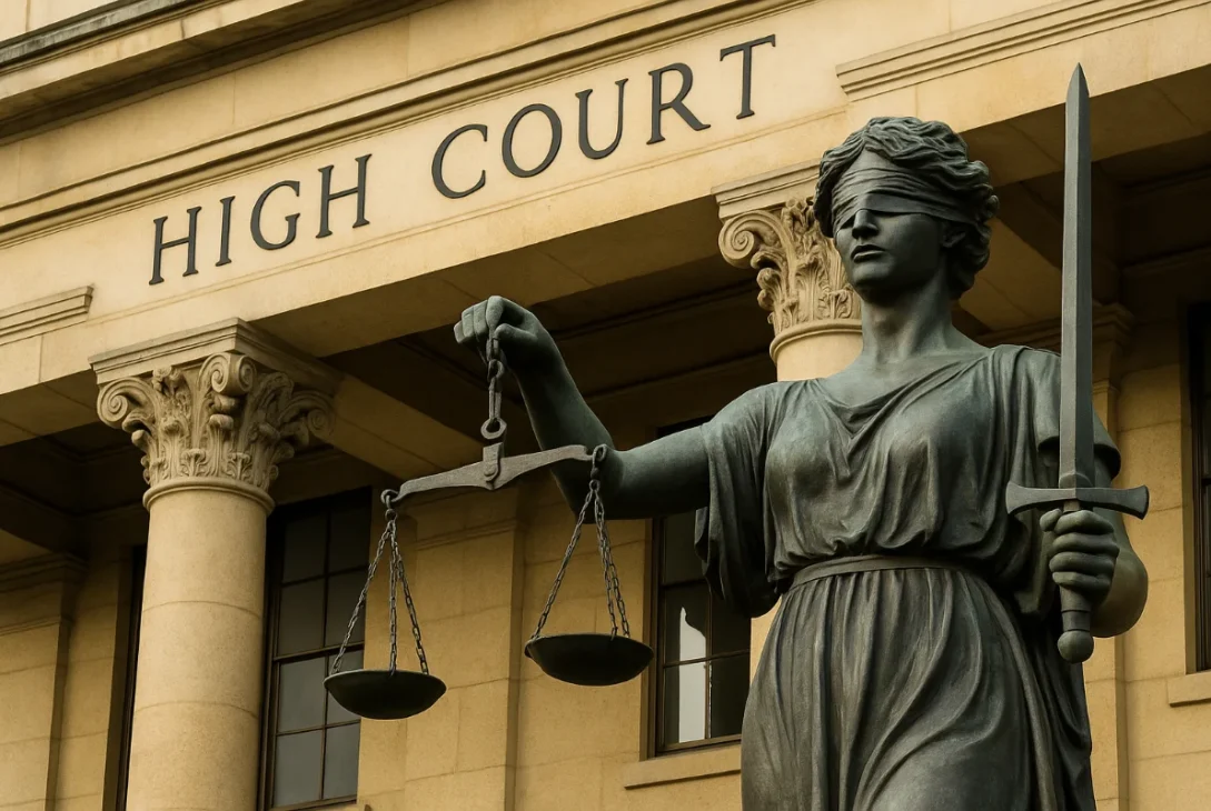 image of Lady Justice statue holding scales and sword outside the High Court of Australia, symbolising fairness and the rule of law.