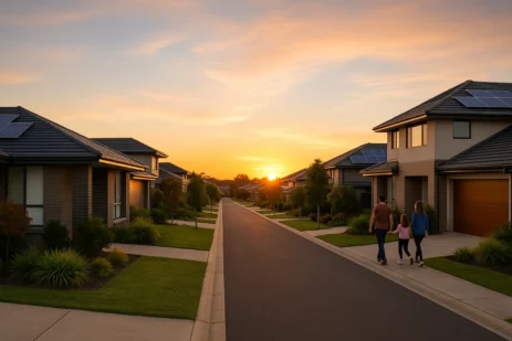 Modern Australian suburban street with solar-powered homes symbolising the 2025 property market trends