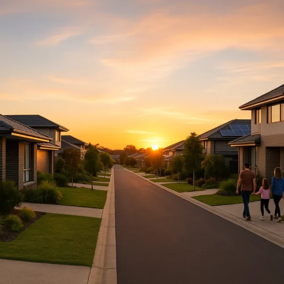 Modern Australian suburban street with solar-powered homes symbolising the 2025 property market trends