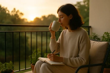 Australian woman practising morning self-care and stress relief with tea and journaling on a sunny balcony.