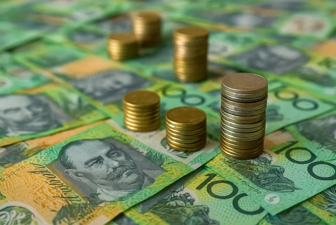 Australian hundred-dollar notes and stacked gold coins representing financial growth, investment, and wealth management in Australia.