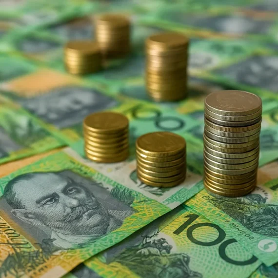 Australian hundred-dollar notes and stacked gold coins representing financial growth, investment, and wealth management in Australia.