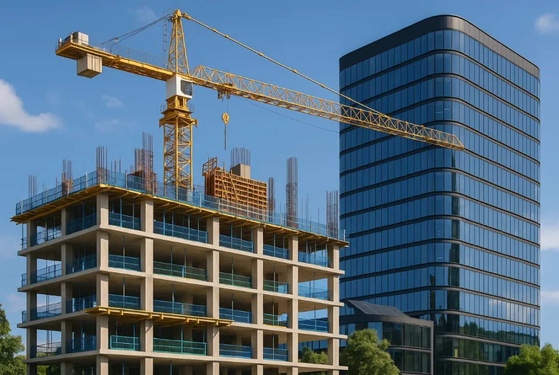 A high-resolution photo of a modern Australian construction site featuring a yellow tower crane beside a sleek glass high-rise, representing modern building techniques and sustainable urban development.