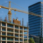 A high-resolution photo of a modern Australian construction site featuring a yellow tower crane beside a sleek glass high-rise, representing modern building techniques and sustainable urban development.