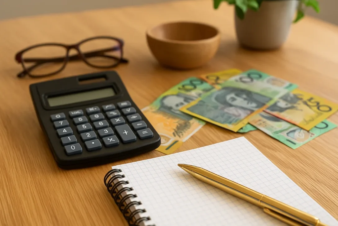 A financial planning desk with Australian banknotes, a calculator, a notepad with a gold pen, and eyeglasses, symbolising wealth management in Australia.