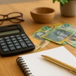 A financial planning desk with Australian banknotes, a calculator, a notepad with a gold pen, and eyeglasses, symbolising wealth management in Australia.