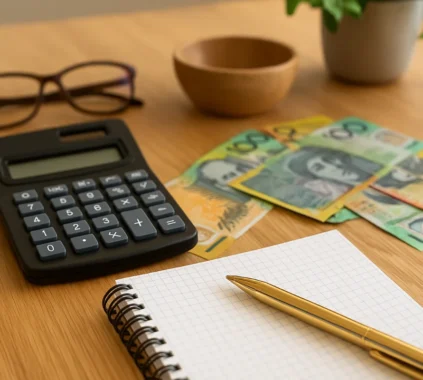 A financial planning desk with Australian banknotes, a calculator, a notepad with a gold pen, and eyeglasses, symbolising wealth management in Australia.