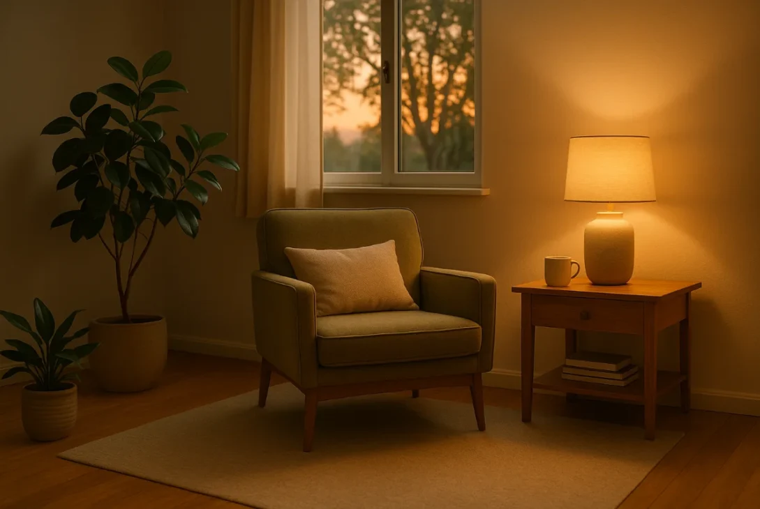 “Peaceful Australian home corner with soft lighting, plants and a calming atmosphere.”