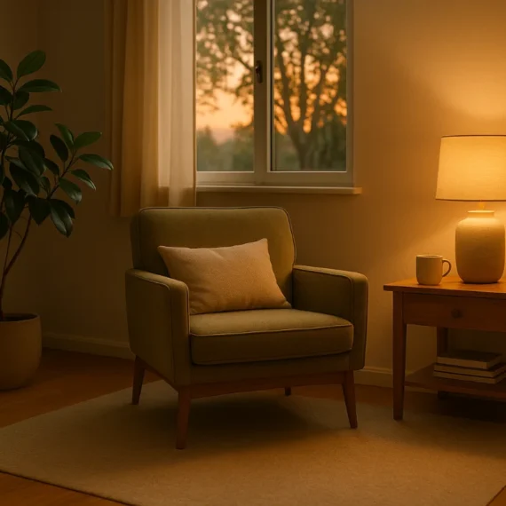 “Peaceful Australian home corner with soft lighting, plants and a calming atmosphere.”