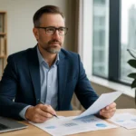 Professional Australian man reviewing financial documents in a modern office setting, representing wealth strategy and financial planning.