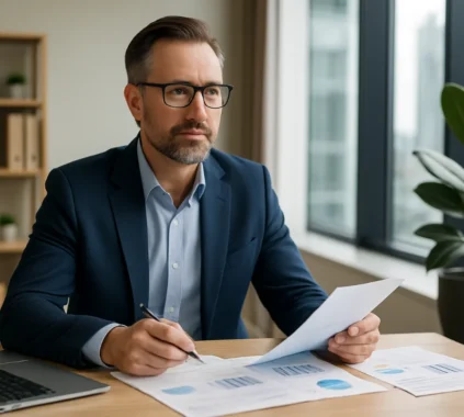 Professional Australian man reviewing financial documents in a modern office setting, representing wealth strategy and financial planning.