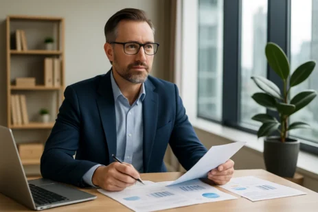 Professional Australian man reviewing financial documents in a modern office setting, representing wealth strategy and financial planning.