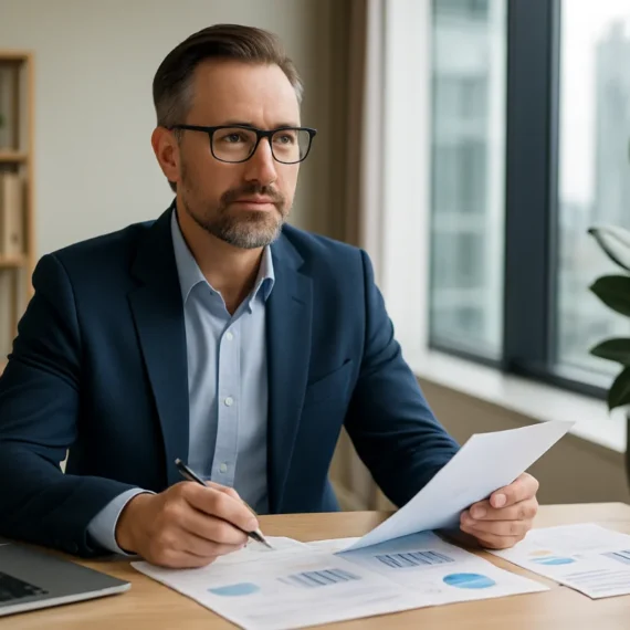 Professional Australian man reviewing financial documents in a modern office setting, representing wealth strategy and financial planning.