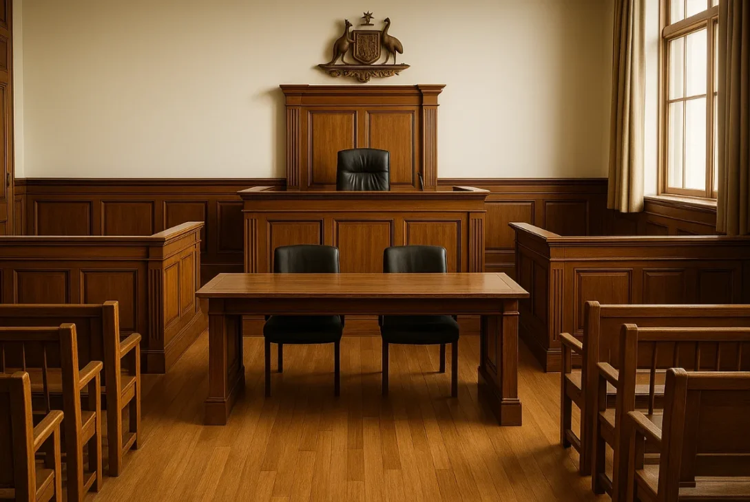 Interior of an Australian courtroom with judge’s bench, bar table, and gallery seating, representing courtroom procedure.