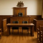 Interior of an Australian courtroom with judge’s bench, bar table, and gallery seating, representing courtroom procedure.