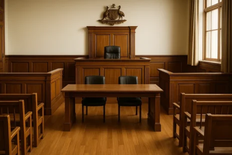 Interior of an Australian courtroom with judge’s bench, bar table, and gallery seating, representing courtroom procedure.