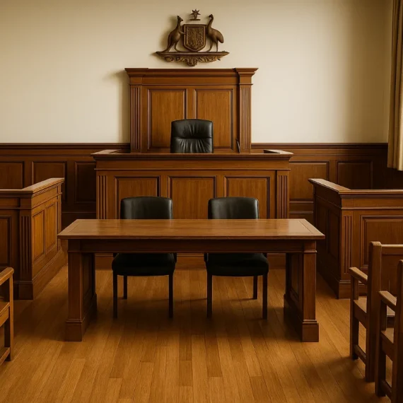 Interior of an Australian courtroom with judge’s bench, bar table, and gallery seating, representing courtroom procedure.