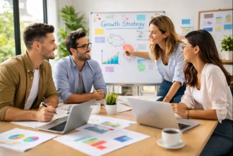 “Australian startup team brainstorming growth strategies in a modern office with laptops and whiteboard.”