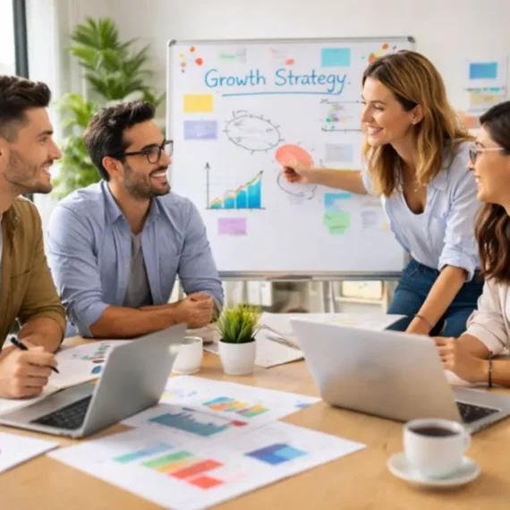 “Australian startup team brainstorming growth strategies in a modern office with laptops and whiteboard.”